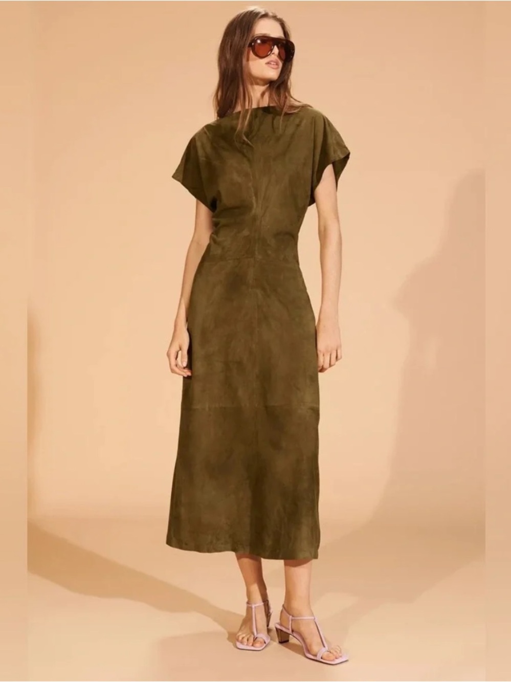 Zara STUDIO NWT Olive Green Natural goat Leather midi dress Medium